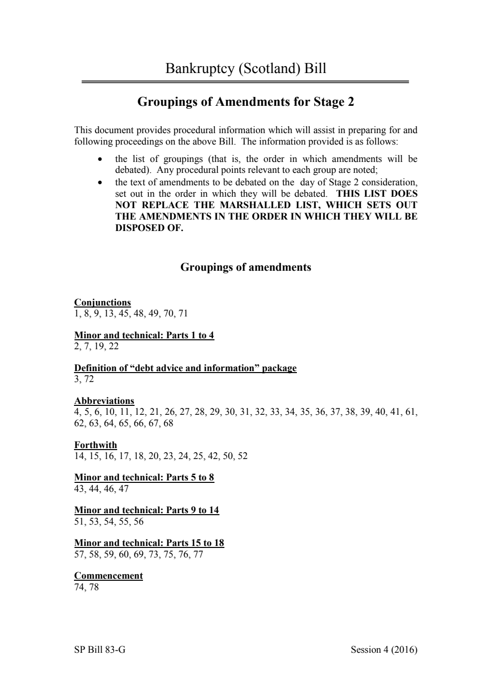 Bankruptcy (Scotland) Bill Groupings of Amendments for Stage 2