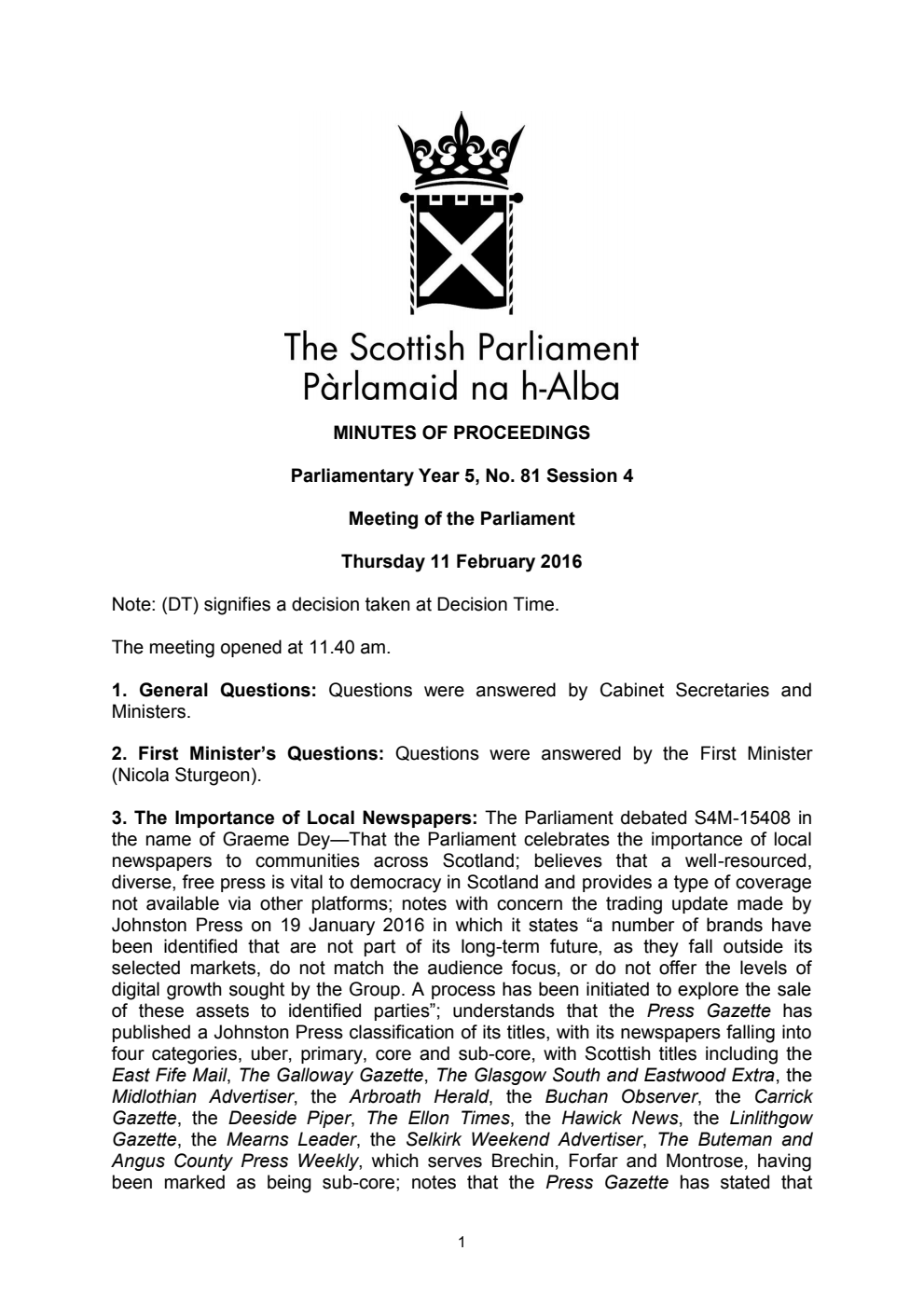 Minutes of Proceedings 11 February 2016 Vol. 5, No. 81 Session 4