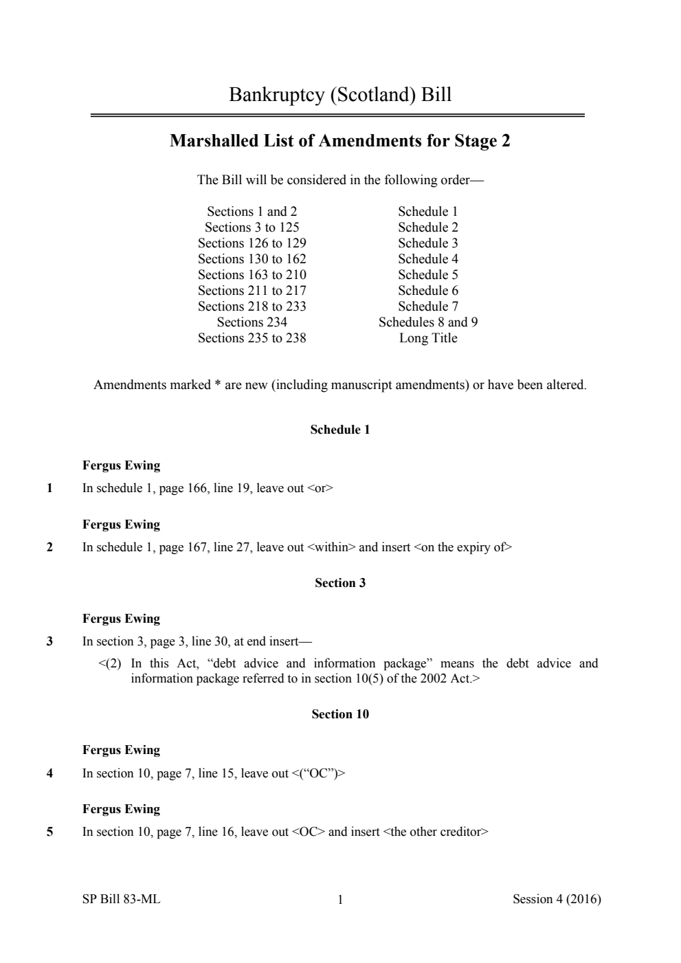 Bankruptcy (Scotland) Bill Marshalled List of Amendments for Stage 2