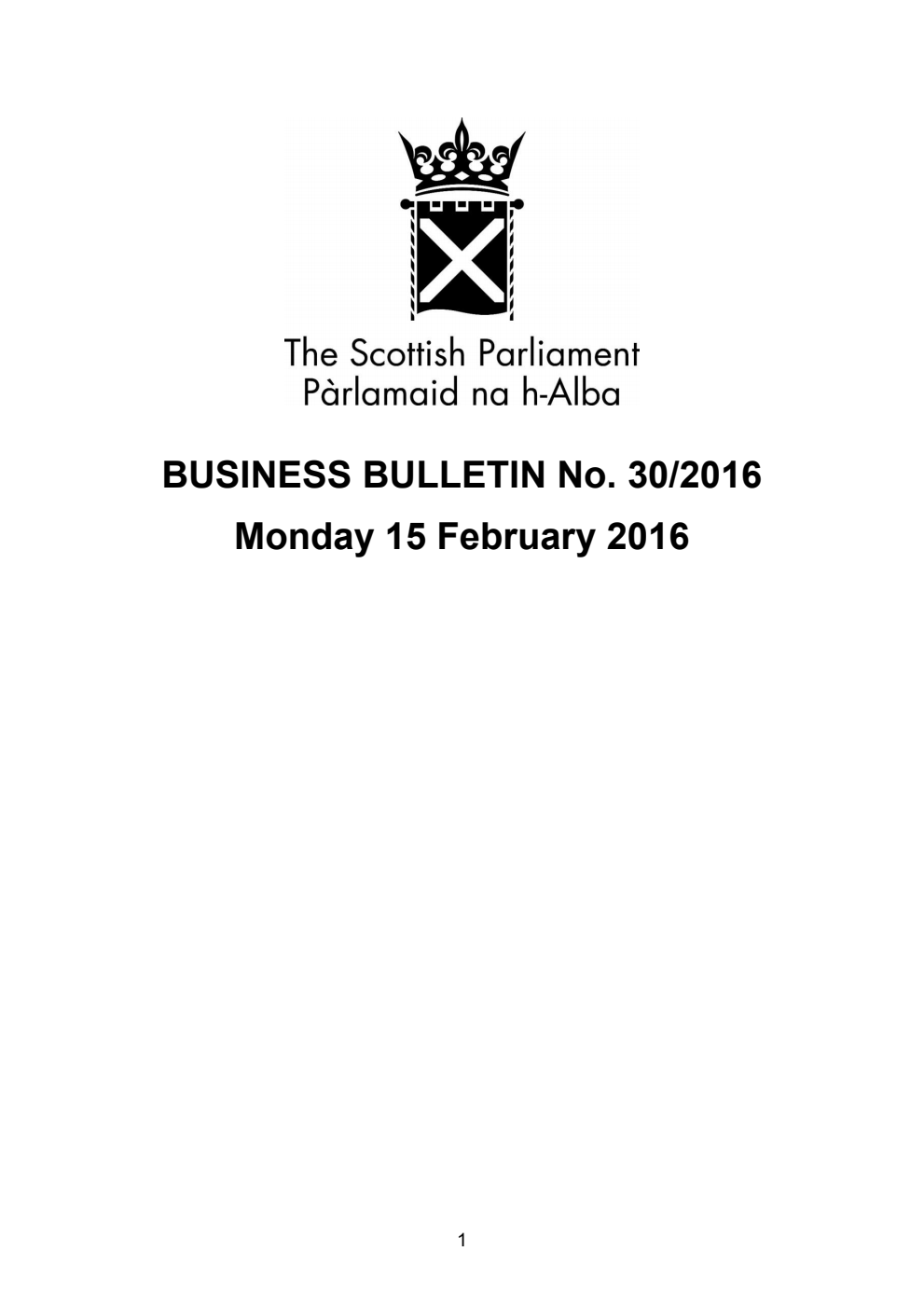 Business Bulletin No. 30/2016, Monday 15th February 2016