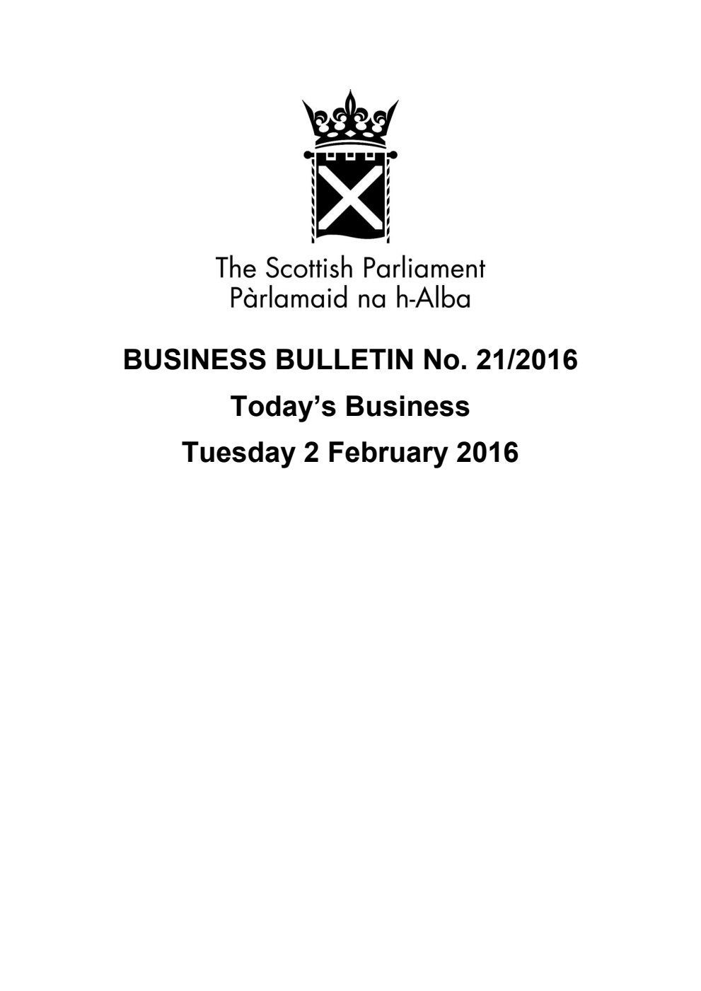 Business Bulletin No. 21/2016, Tuesday 2nd February 2016, Revised (Section A)