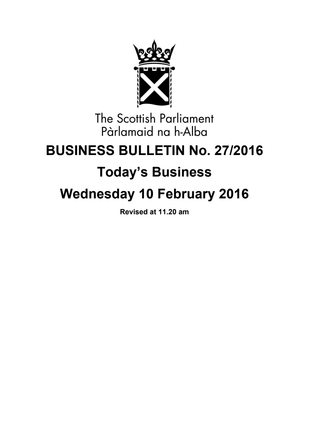 Business Bulletin No. 27/2016, Wednesday 10th February 2016, Revised (Section A)