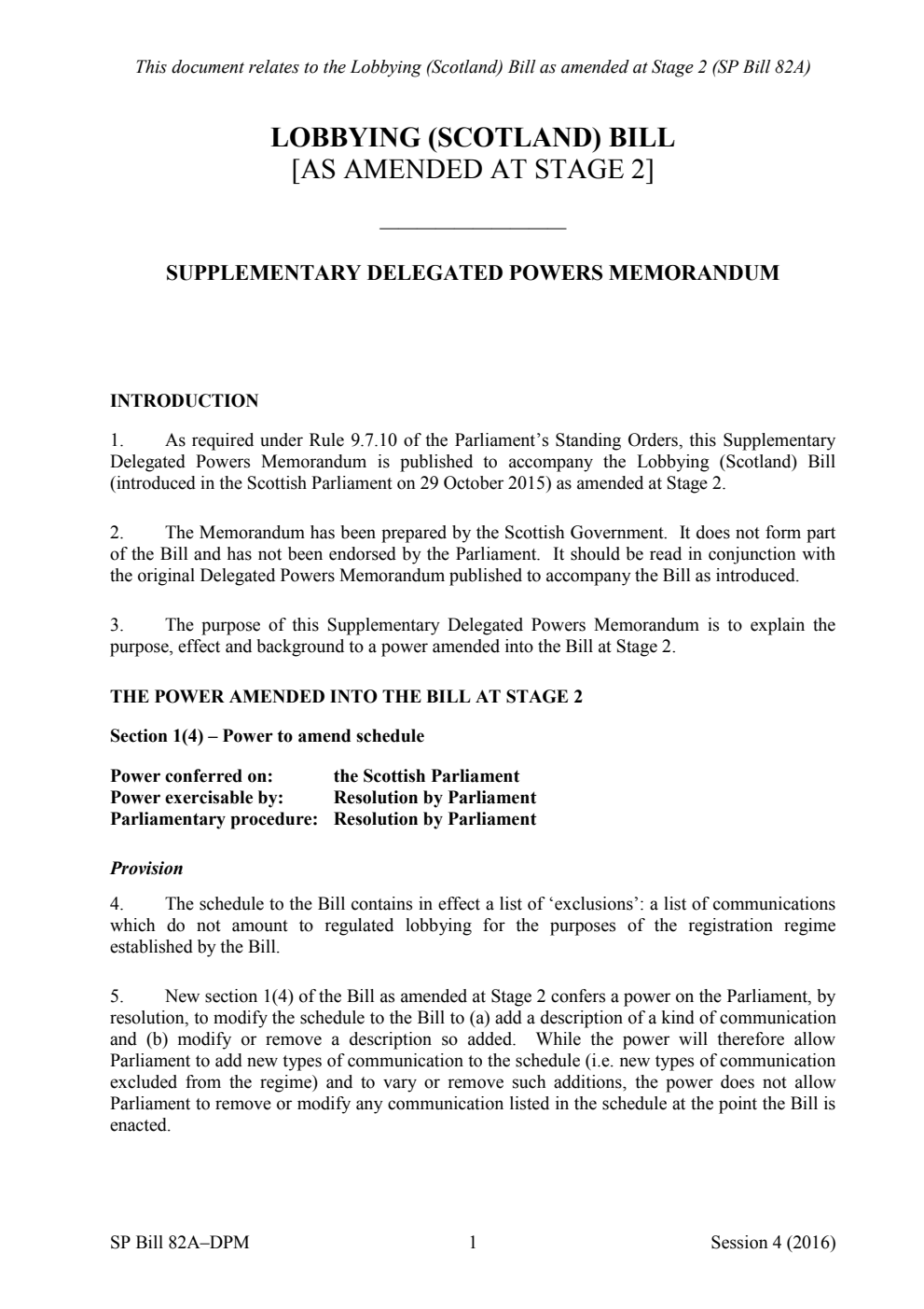 Lobbying (Scotland) Bill [As Amended at Stage 2] Supplementary Delegated Powers Memorandum