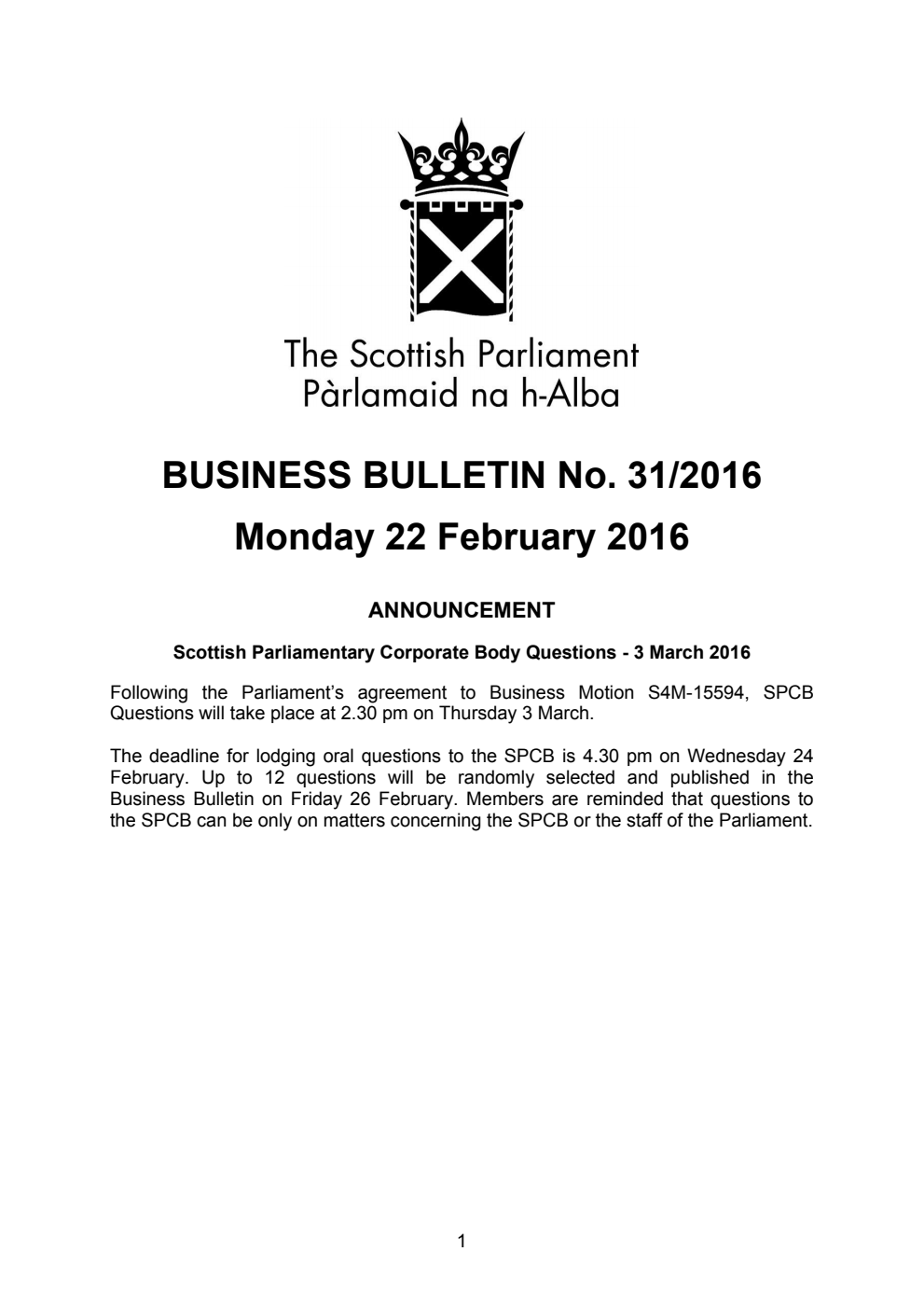 Business Bulletin No. 31/2016, Monday 22nd February 2016