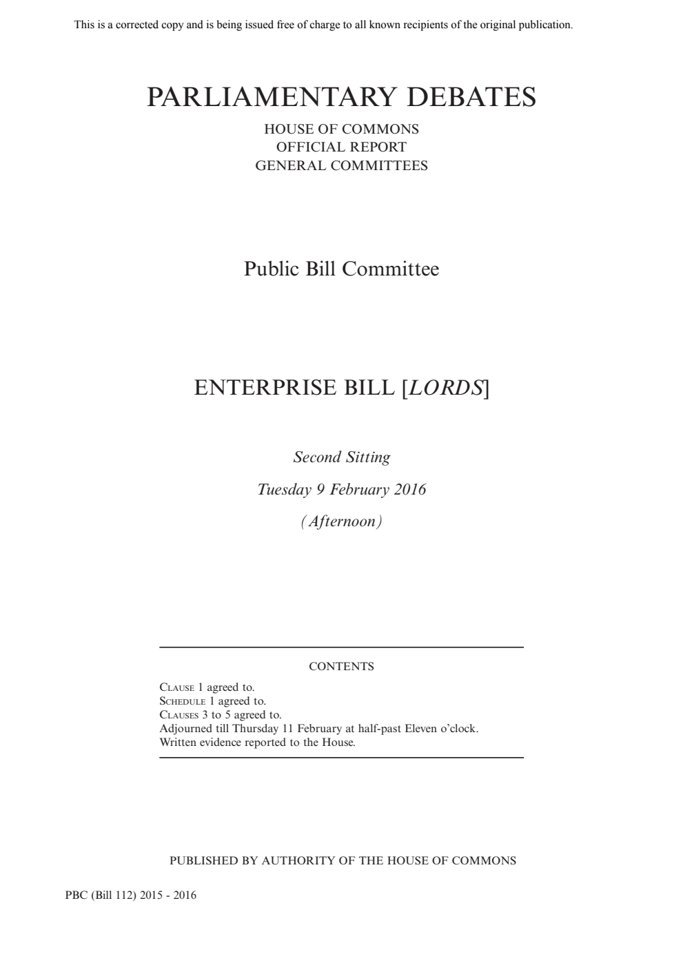 Enterprise Public Bill Committee 2nd Sitting 9th February 2016 PM Corrected Reprint