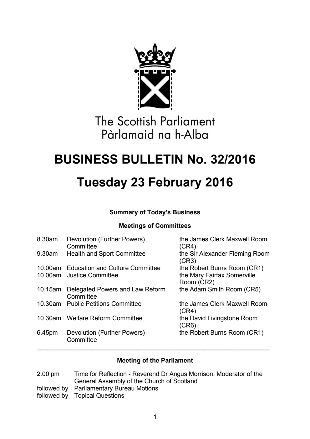 Business Bulletin No. 32/2016, Tuesday 23rd February 2016