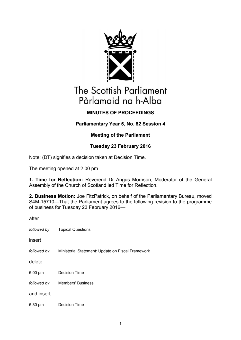 Minutes of Proceedings 23 February 2016 Vol. 5, No. 82 Session 4