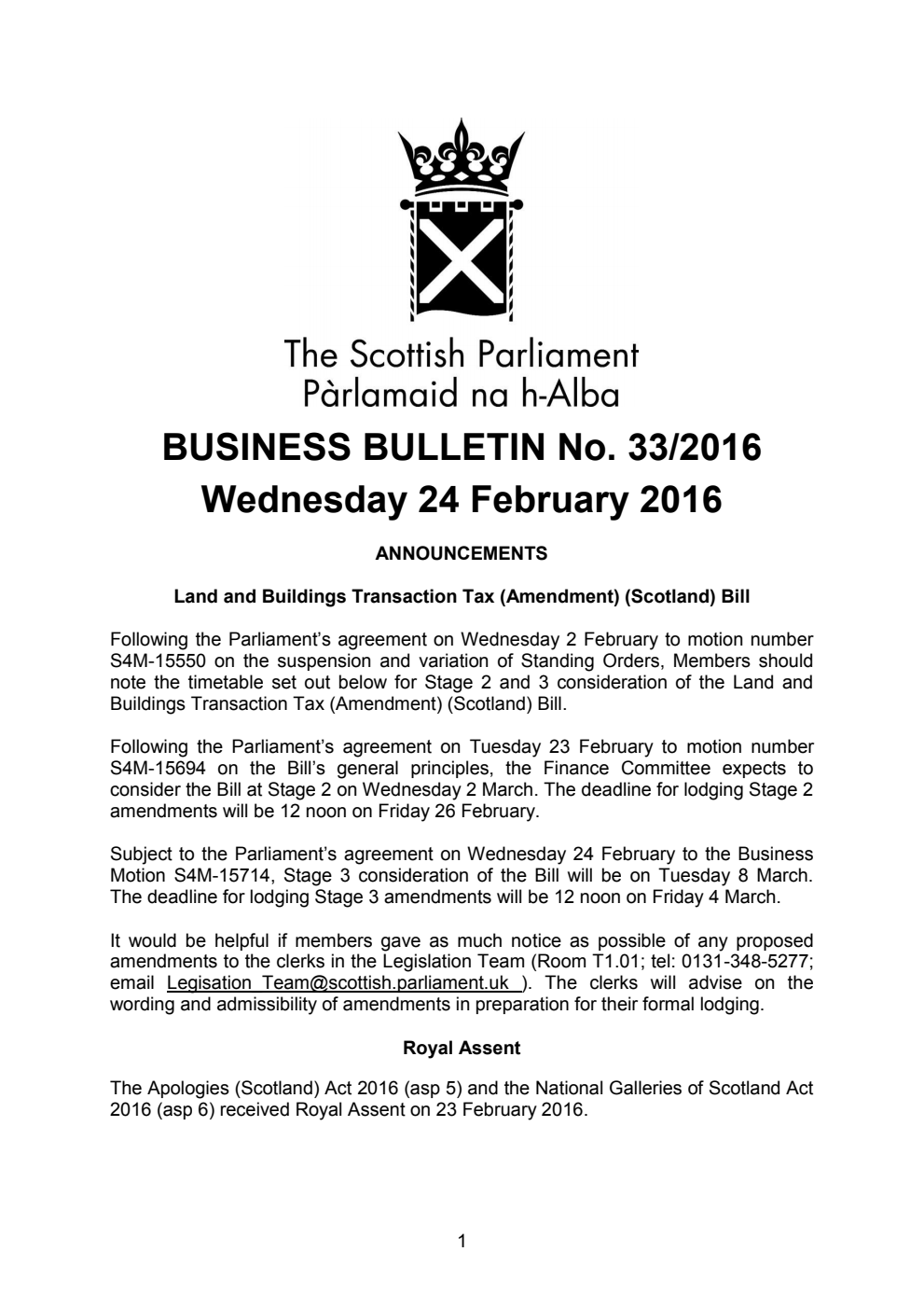 Business Bulletin No. 33/2016, Wednesday 24th February 2016 Revised