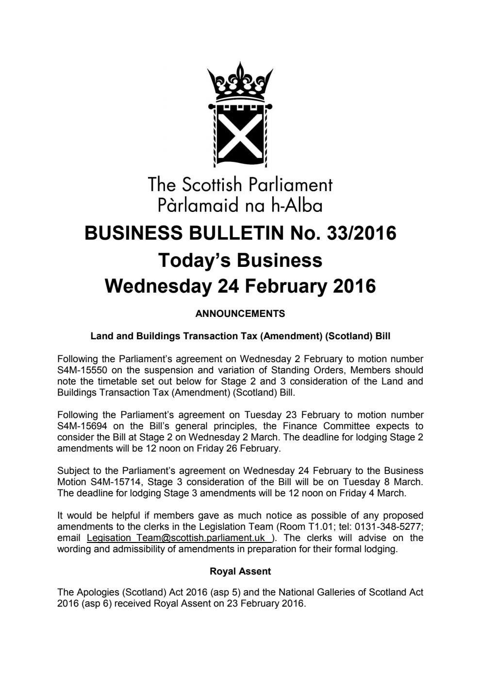 Business Bulletin No. 33/2016, Wednesday 24th February 2016 Revised (Section A)