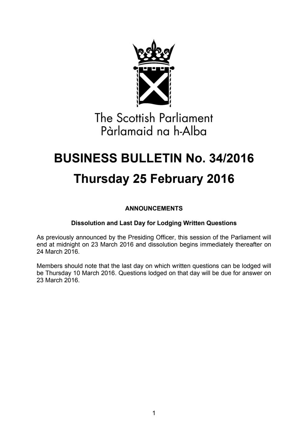 Business Bulletin No. 34/2016, Thursday 25th February 2016