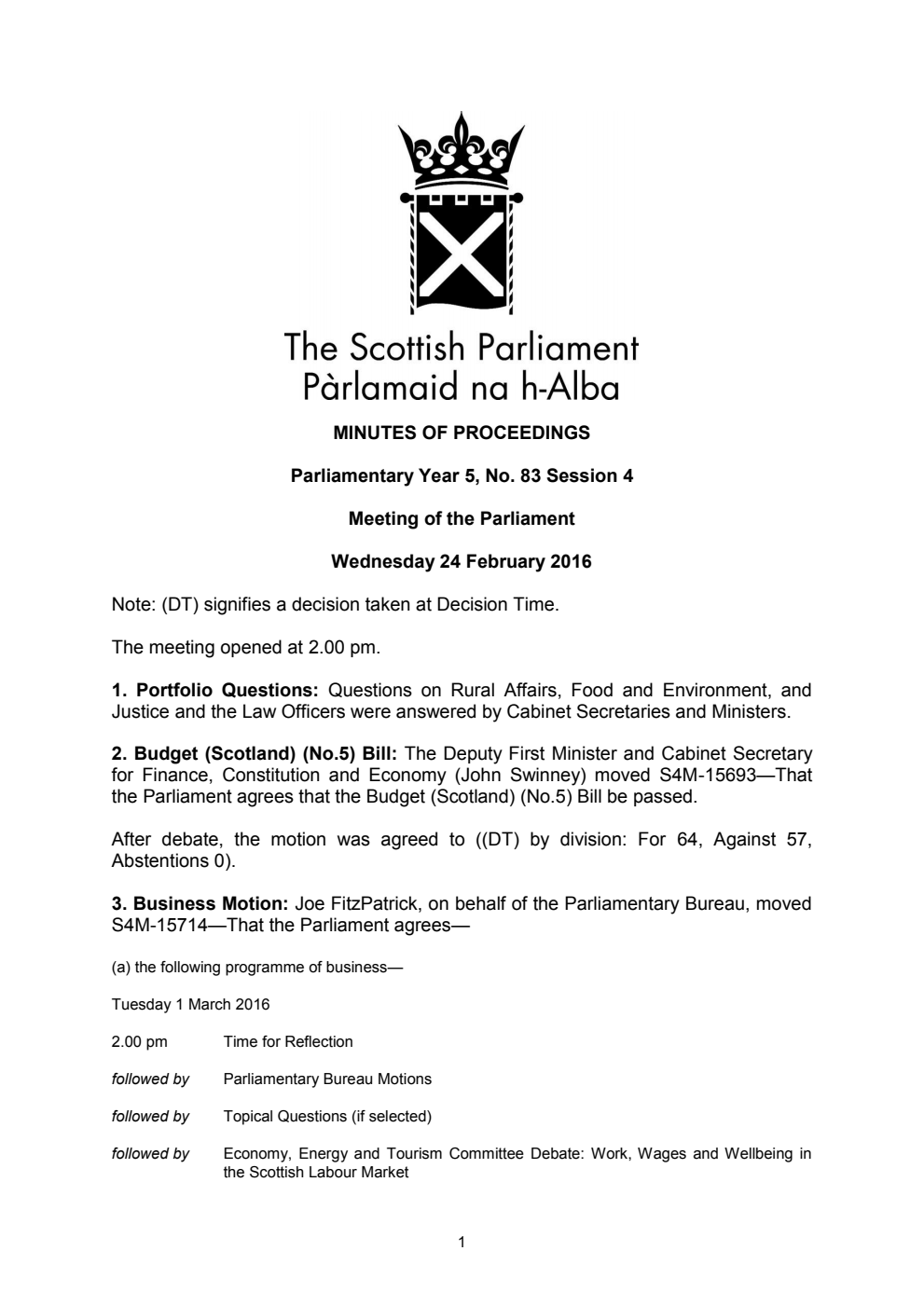 Minutes of Proceedings 24 February 2016 Vol. 5, No. 83 Session 4