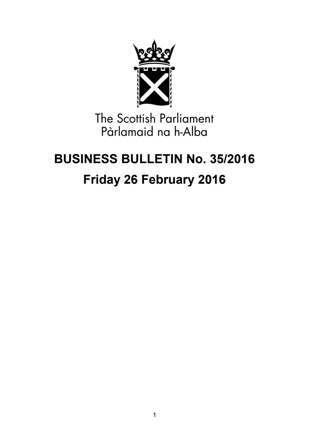 Business Bulletin No. 35/2016, Friday 26th February 2016