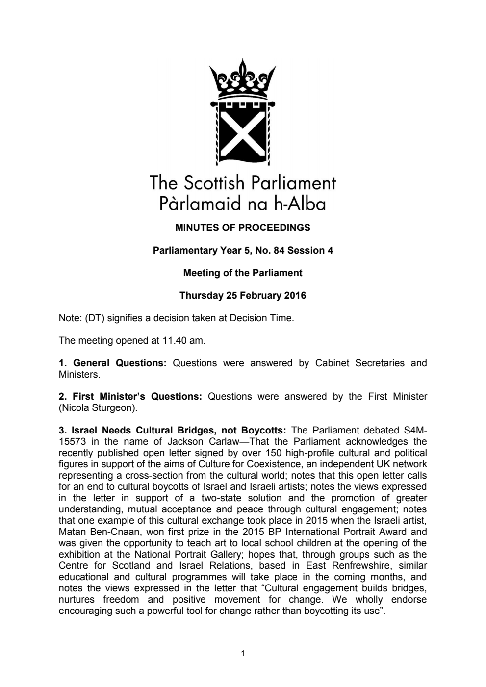 Minutes of Proceedings 25 February 2016 Vol. 5, No. 84 Session 4