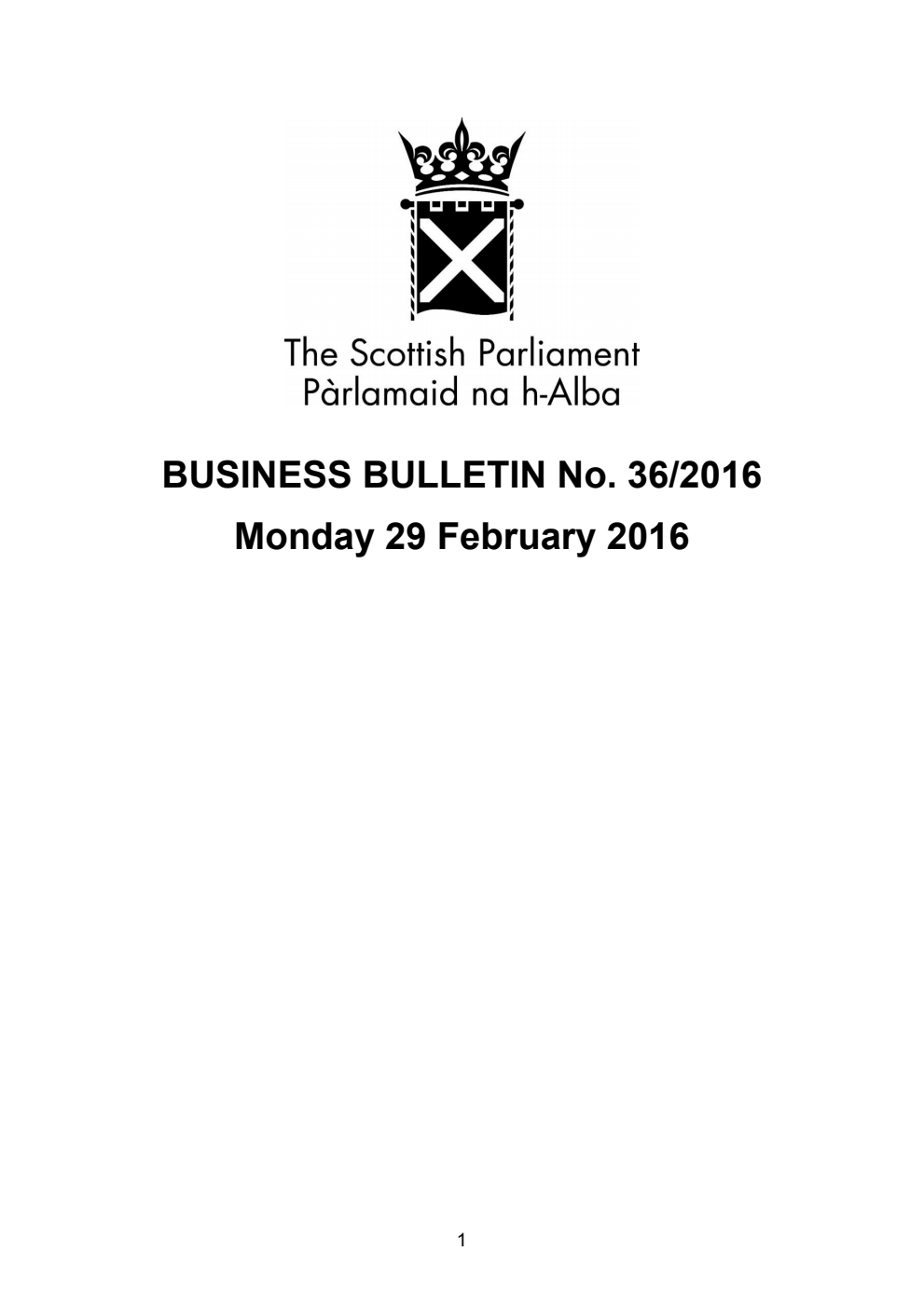 Business Bulletin No. 36/2016, Monday 29th February 2016