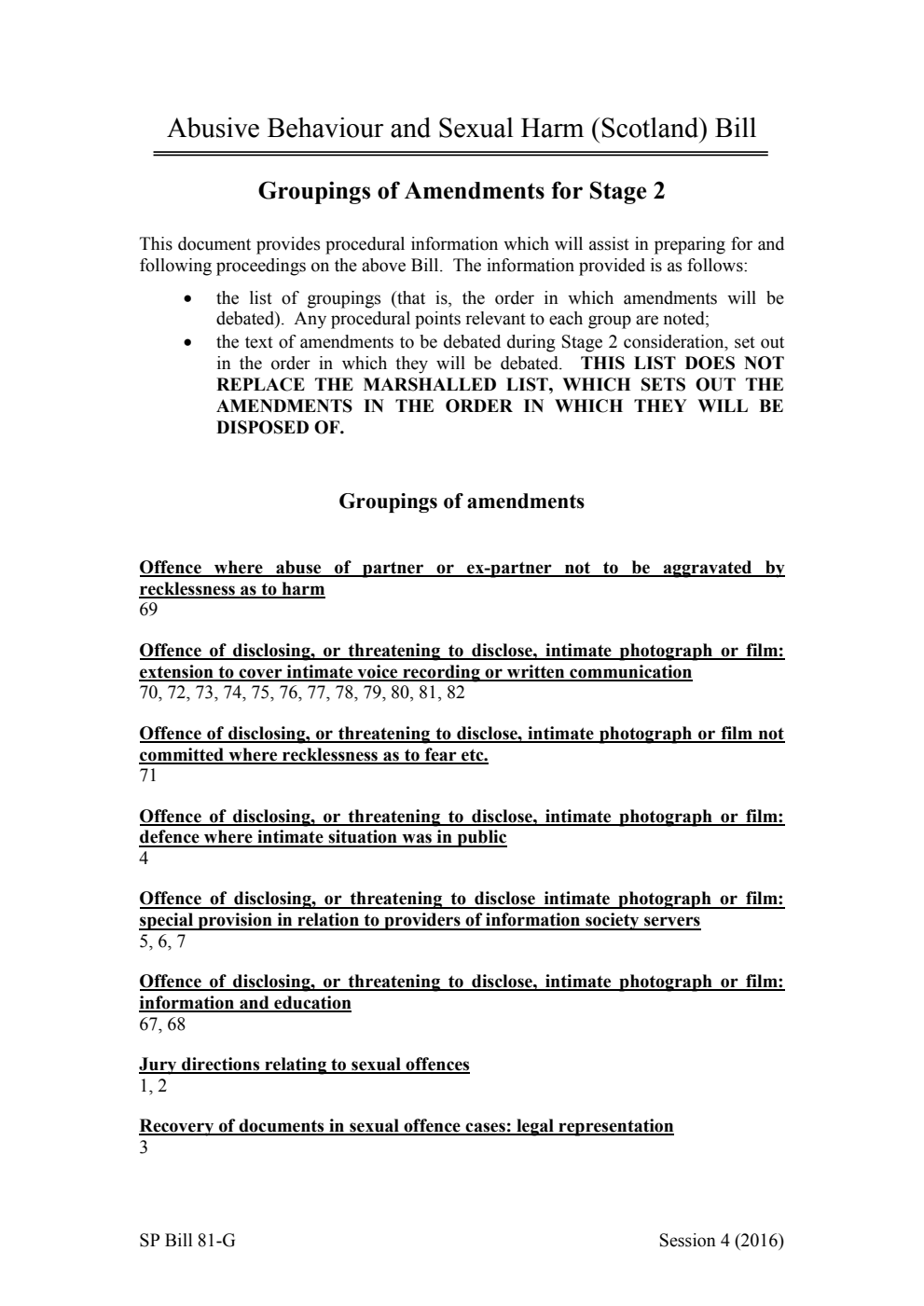 Abusive Behaviour and Sexual Harm (Scotland) Bill Groupings of Amendments for Stage 2
