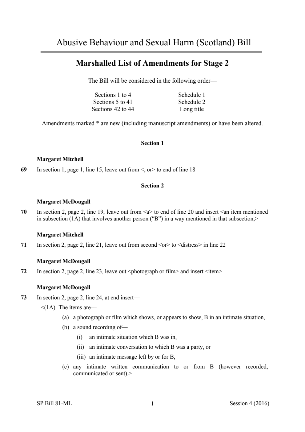 Abusive Behaviour and Sexual Harm (Scotland) Bill Marshalled List of Amendments for Stage 2