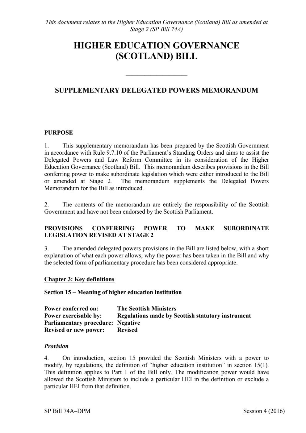 Higher Education Governance (Scotland) Bill Supplementary Delegated Powers Memorandum