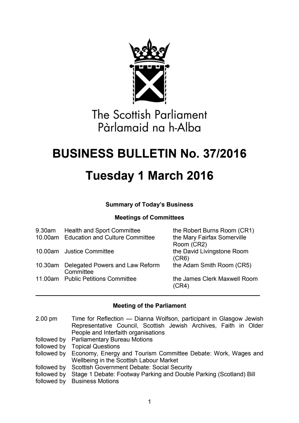 Business Bulletin No. 37/2016, Tuesday 1st March 2016