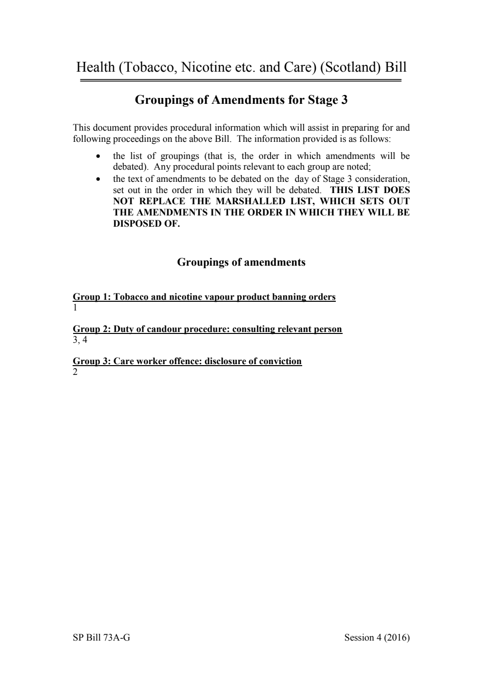 Health (Tobacco, Nicotine etc. and Care) (Scotland) Bill Groupings of Amendments for Stage 3