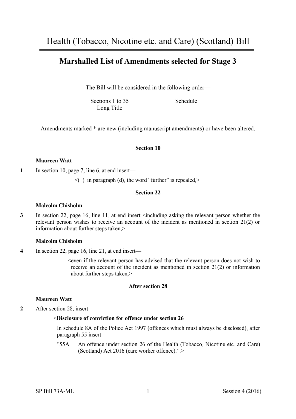 Health (Tobacco, Nicotine etc. and Care) (Scotland) Bill Marshalled List of Amendments selected for Stage 3