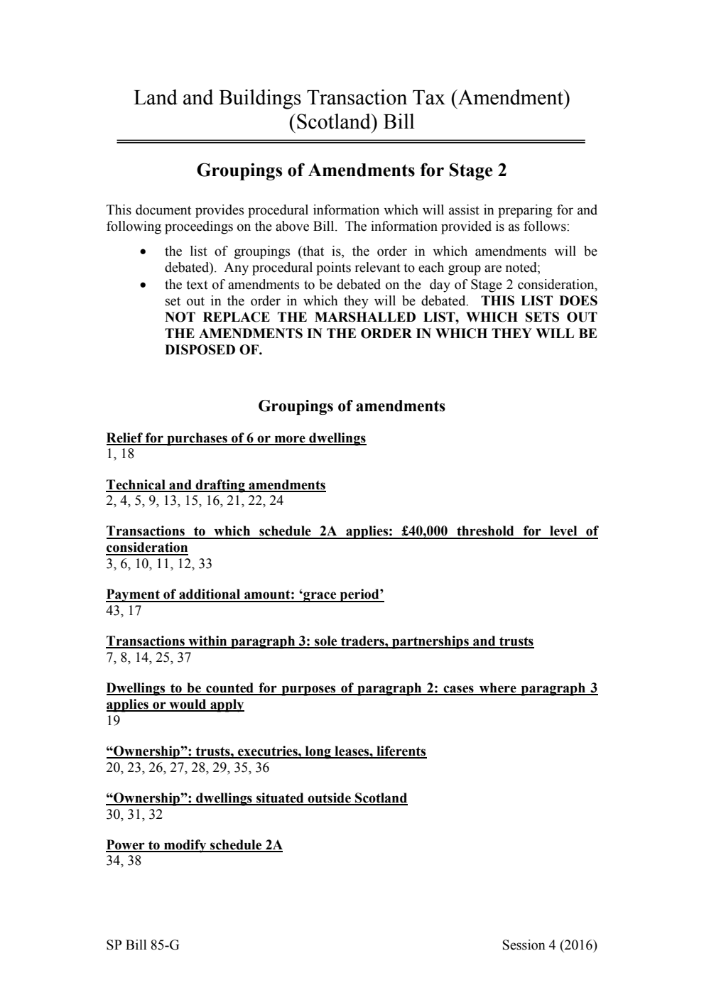 Land and Buildings Transaction Tax (Amendment) (Scotland) Bill Groupings of Amendments for Stage 2