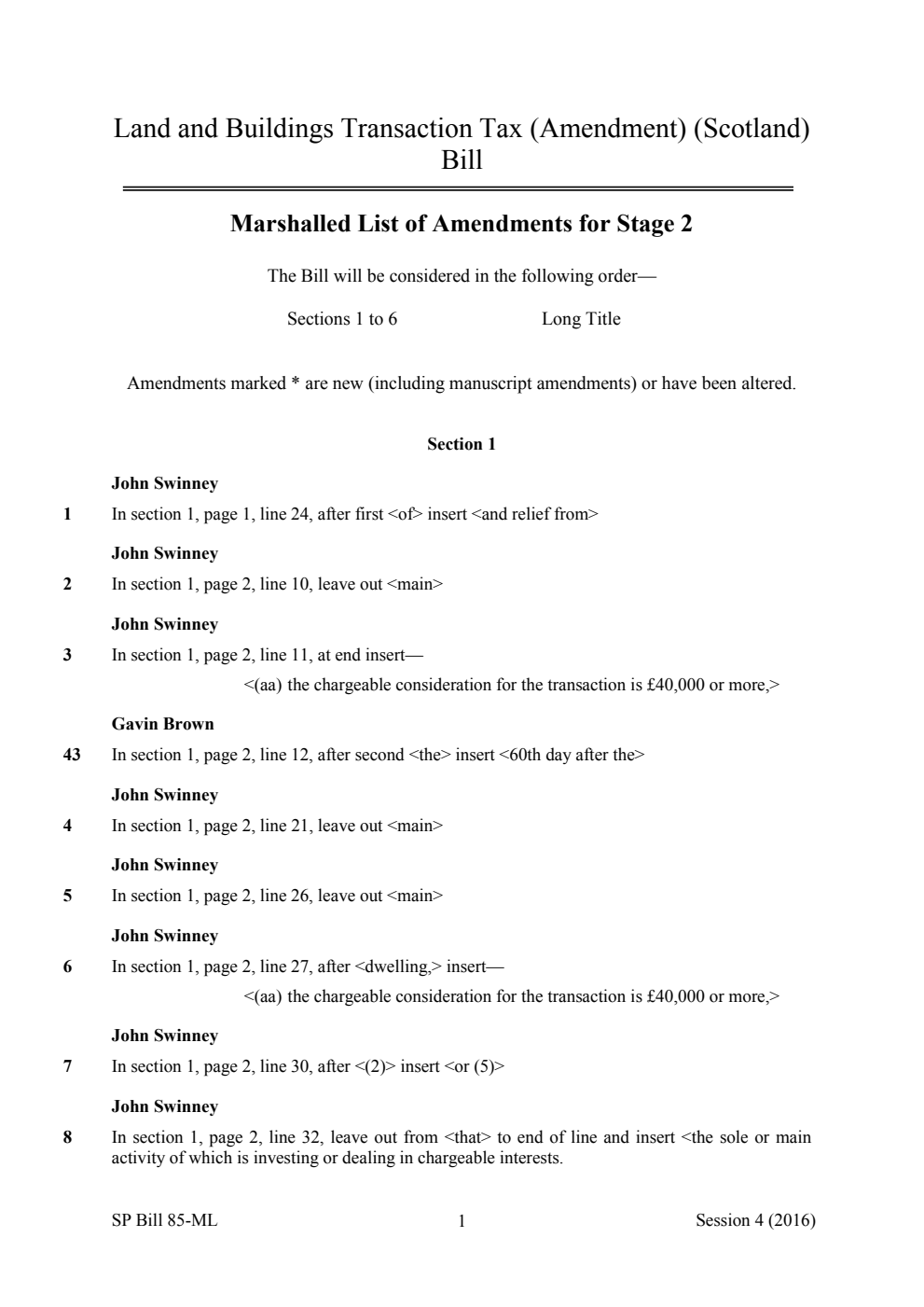 Land and Buildings Transaction Tax (Amendment) (Scotland) Bill Marshalled List of Amendments for Stage 2
