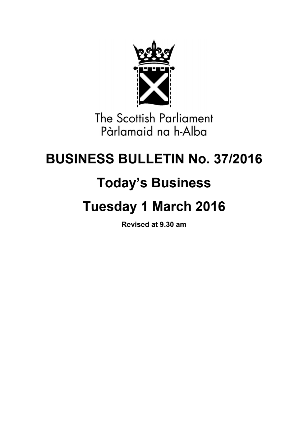 Business Bulletin No. 37/2016, Tuesday 1st March 2016, Revised (Section A)