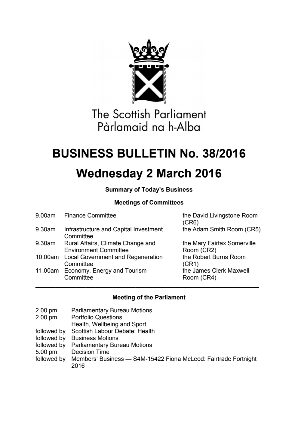 Business Bulletin No. 38/2016, Wednesday 2nd March 2016