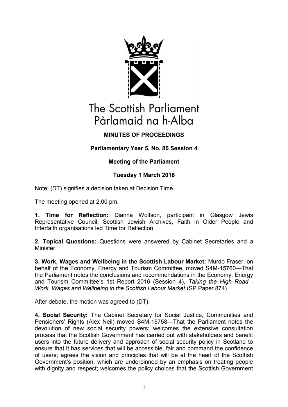 Minutes of Proceedings 1 March 2016 Vol. 5, No. 85 Session 4