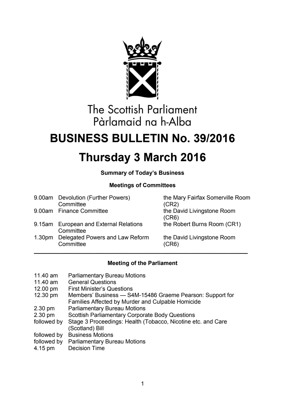 Business Bulletin No. 39/2016, Thursday 3rd March 2016