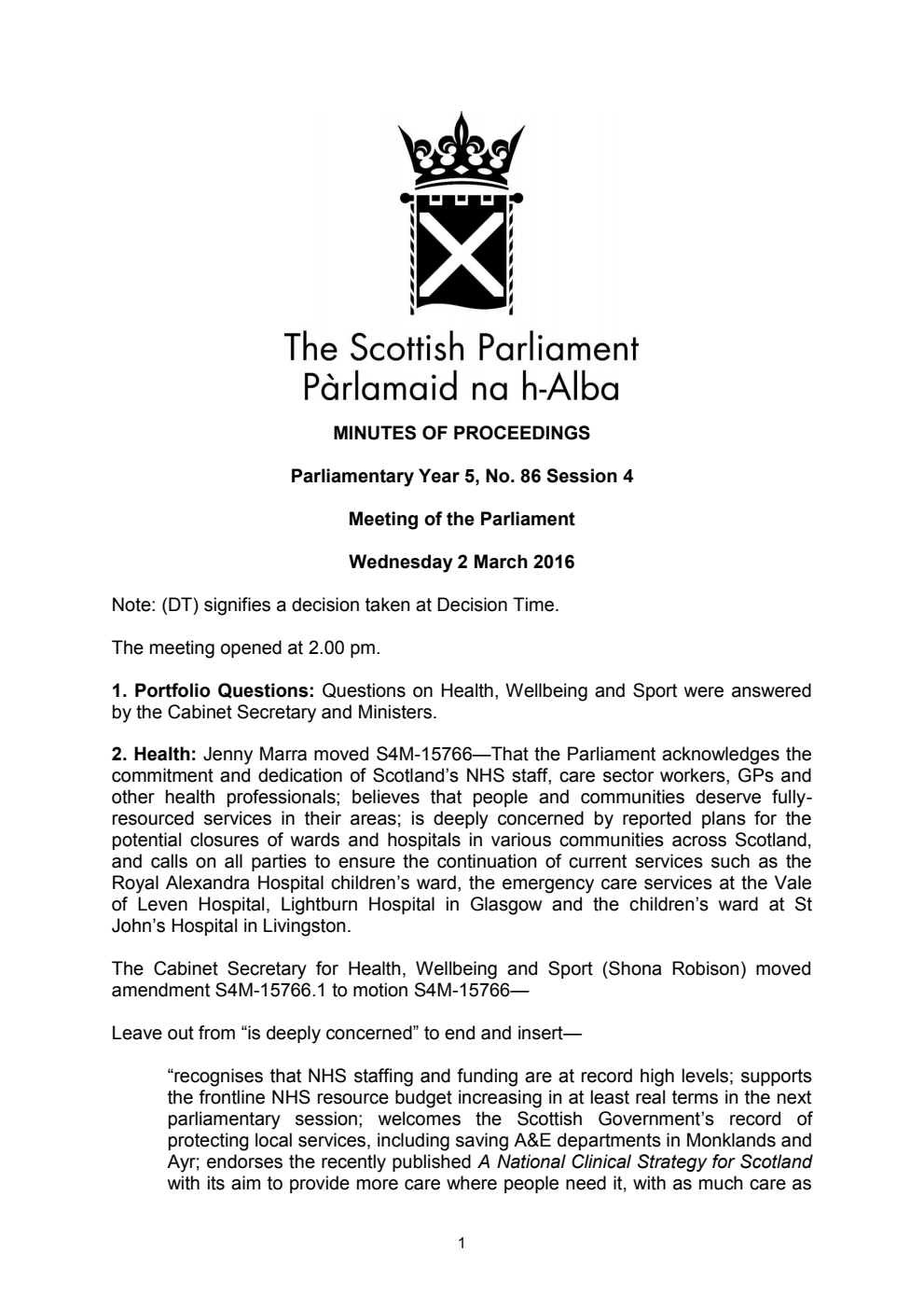 Minutes of Proceedings 2 March 2016 Vol. 5, No. 86 Session 4