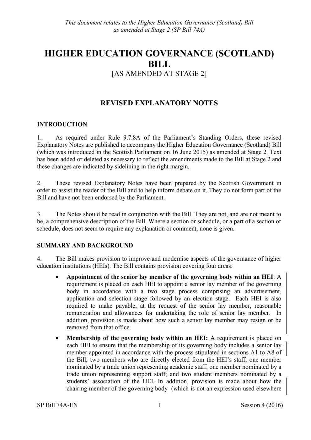 Higher Education Governance (Scotland) Bill [As amended at stage 2] Revised Explanatory Notes