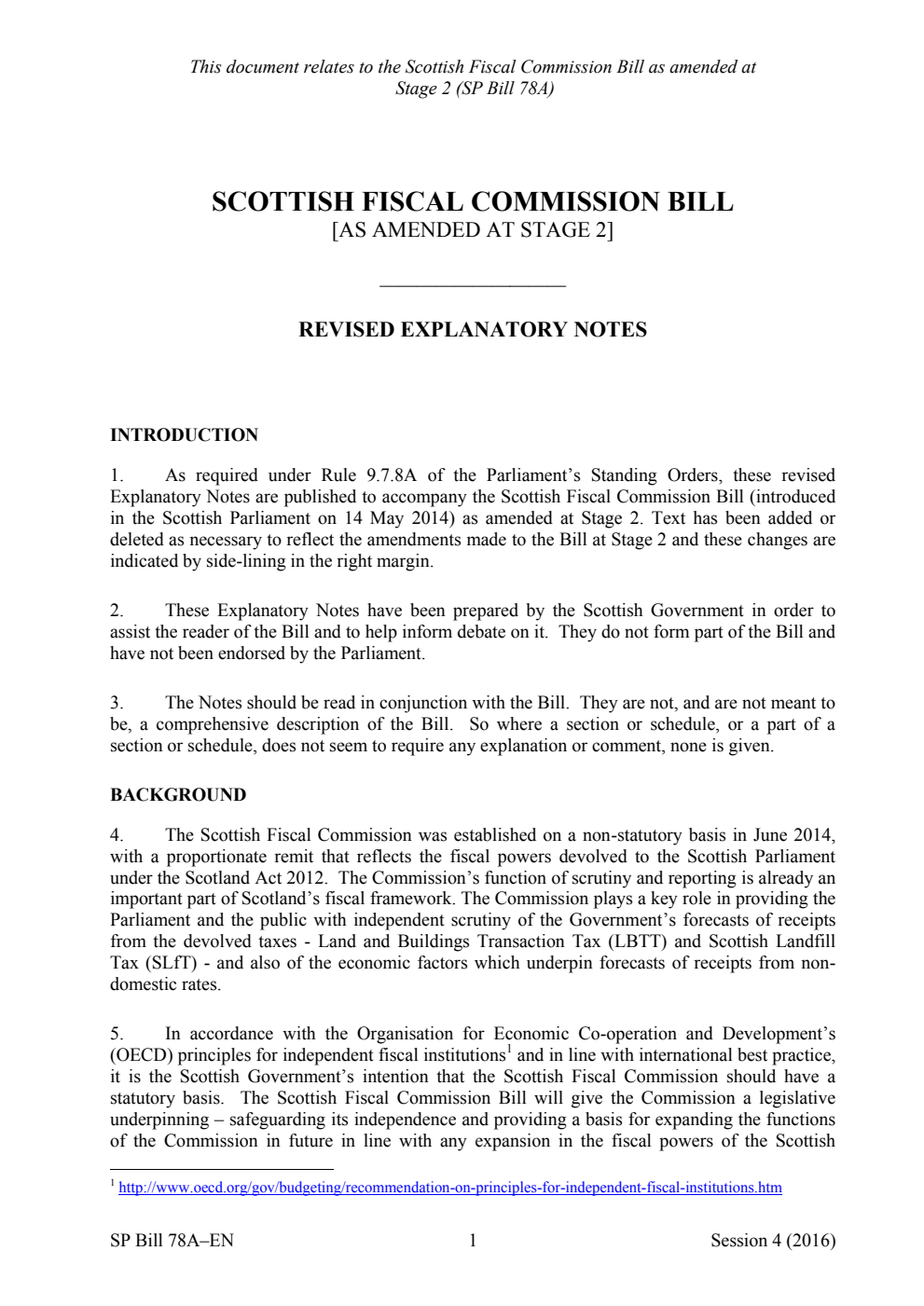 Scottish Fiscal Commission Bill [As amended at stage 2] Revised Explanatory Notes