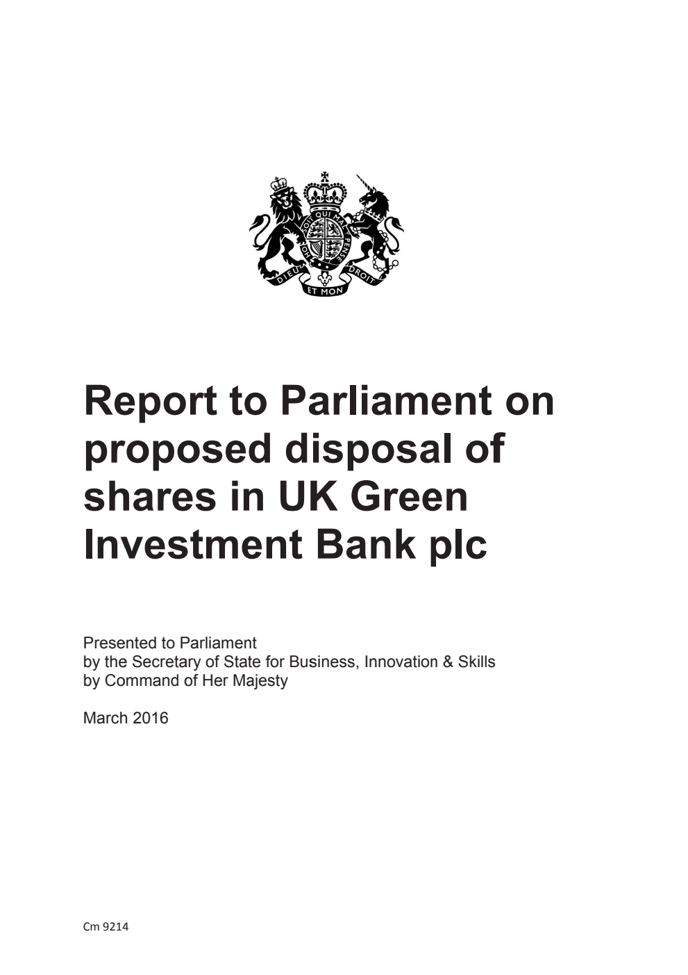Report to Parliament on proposed disposal of shares in UK Green Investment Bank plc