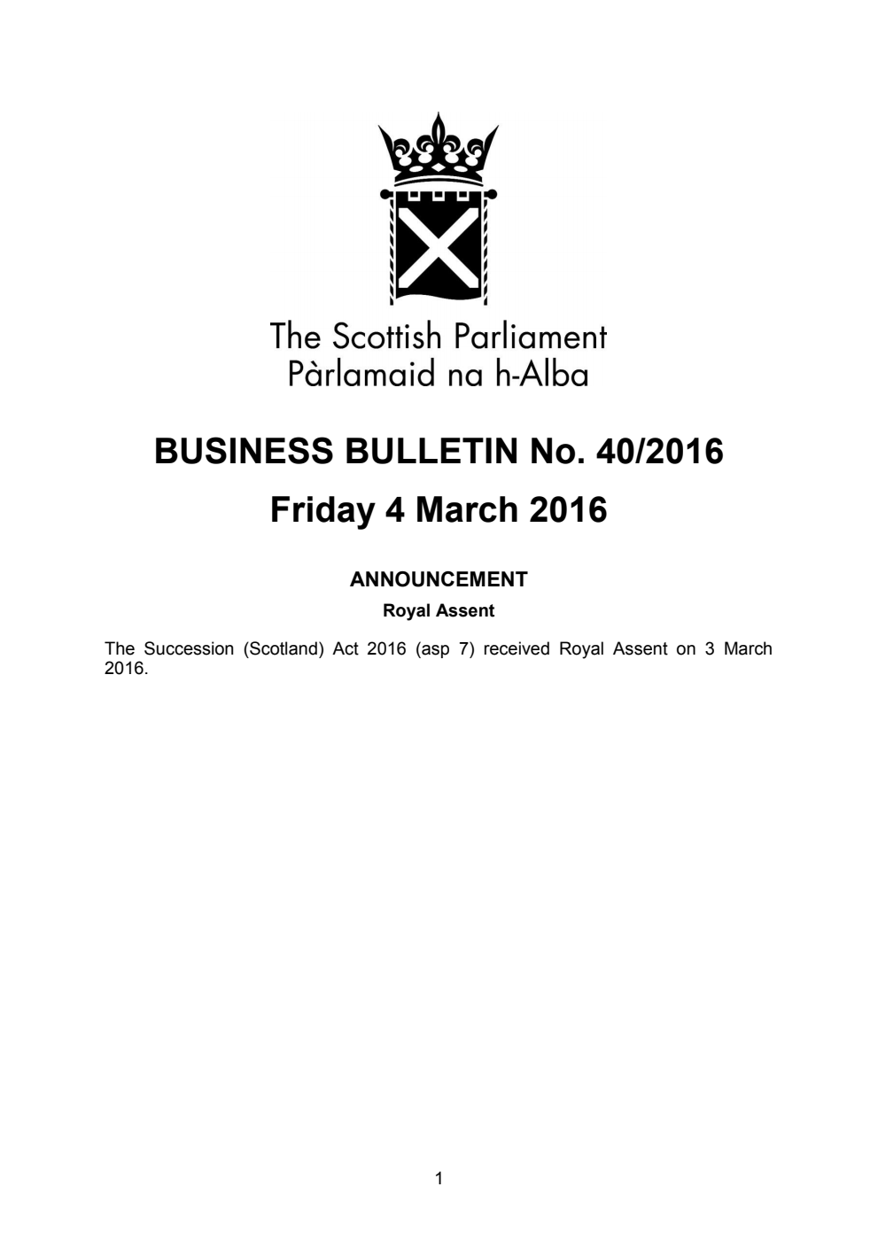 Business Bulletin No. 40/2016, Friday 4th March 2016