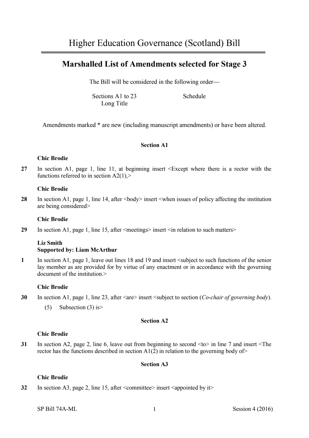 Higher Education Governance (Scotland) Bill Marshalled List of Amendments selected for Stage 3