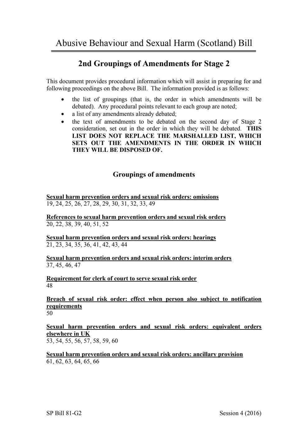 Abusive Behaviour and Sexual Harm (Scotland) Bill 2nd Groupings of Amendments for Stage 2
