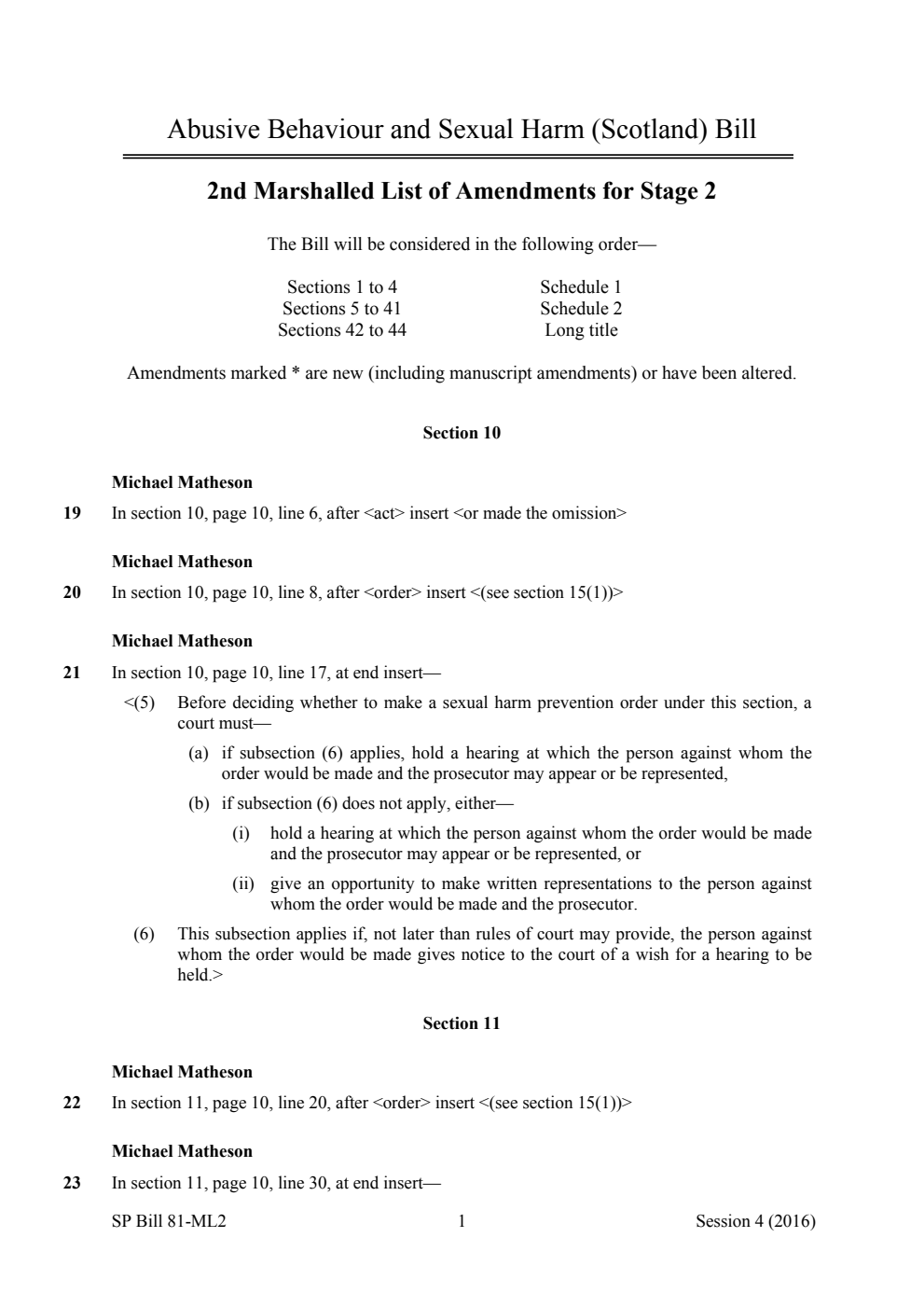 Abusive Behaviour and Sexual Harm (Scotland) Bill 2nd Marshalled List of Amendments for Stage 2
