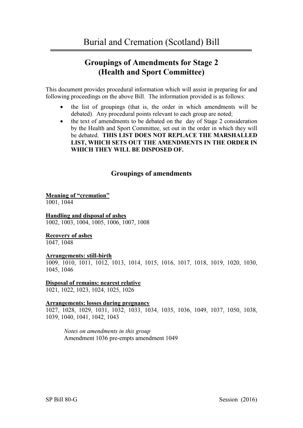 Burial and Cremation (Scotland) Bill Groupings of Amendments for Stage 2 (Health and Sport Committee)