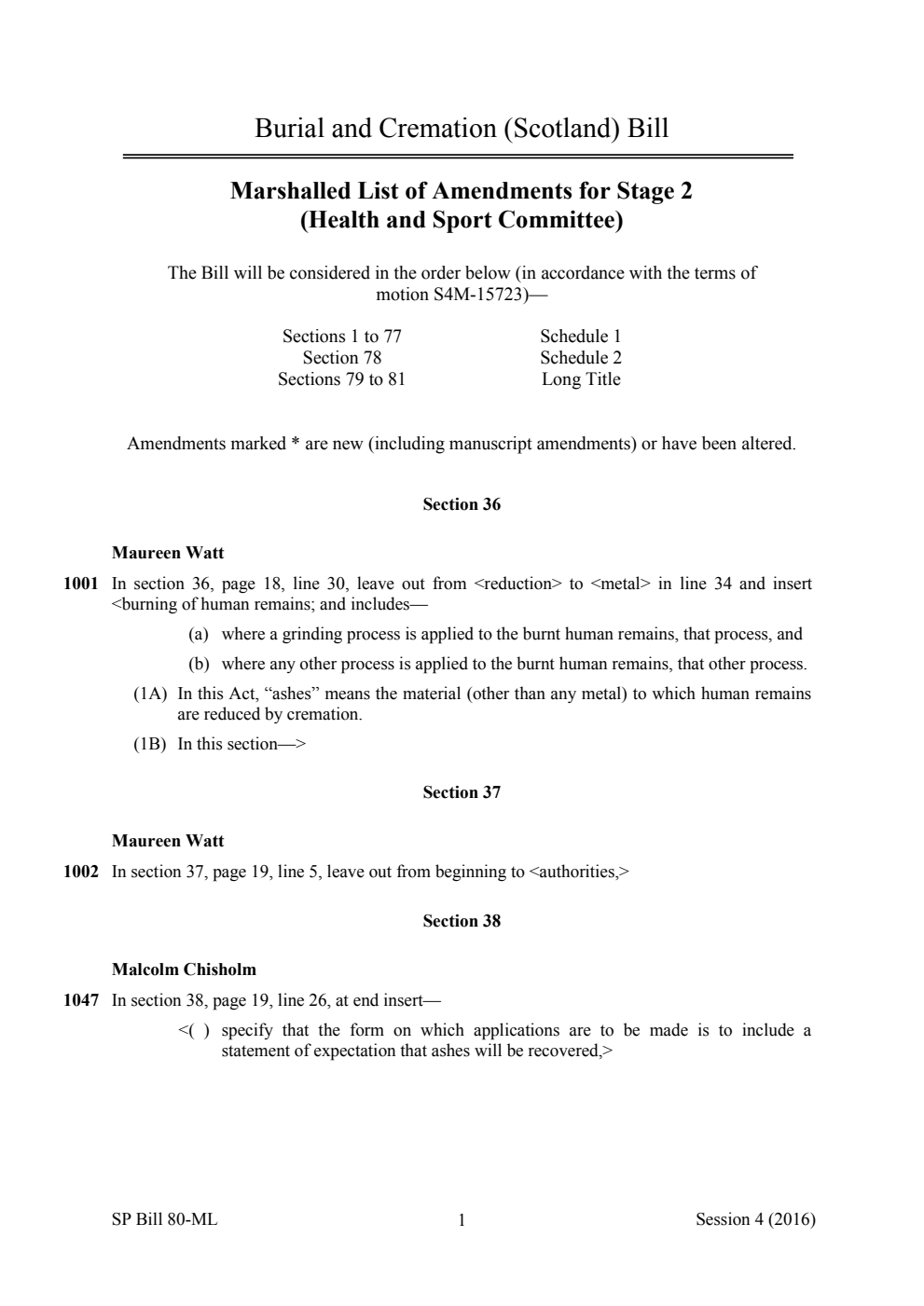 Burial and Cremation (Scotland) Bill Marshalled List of Amendments for Stage 2 (Health and Sport Committee)
