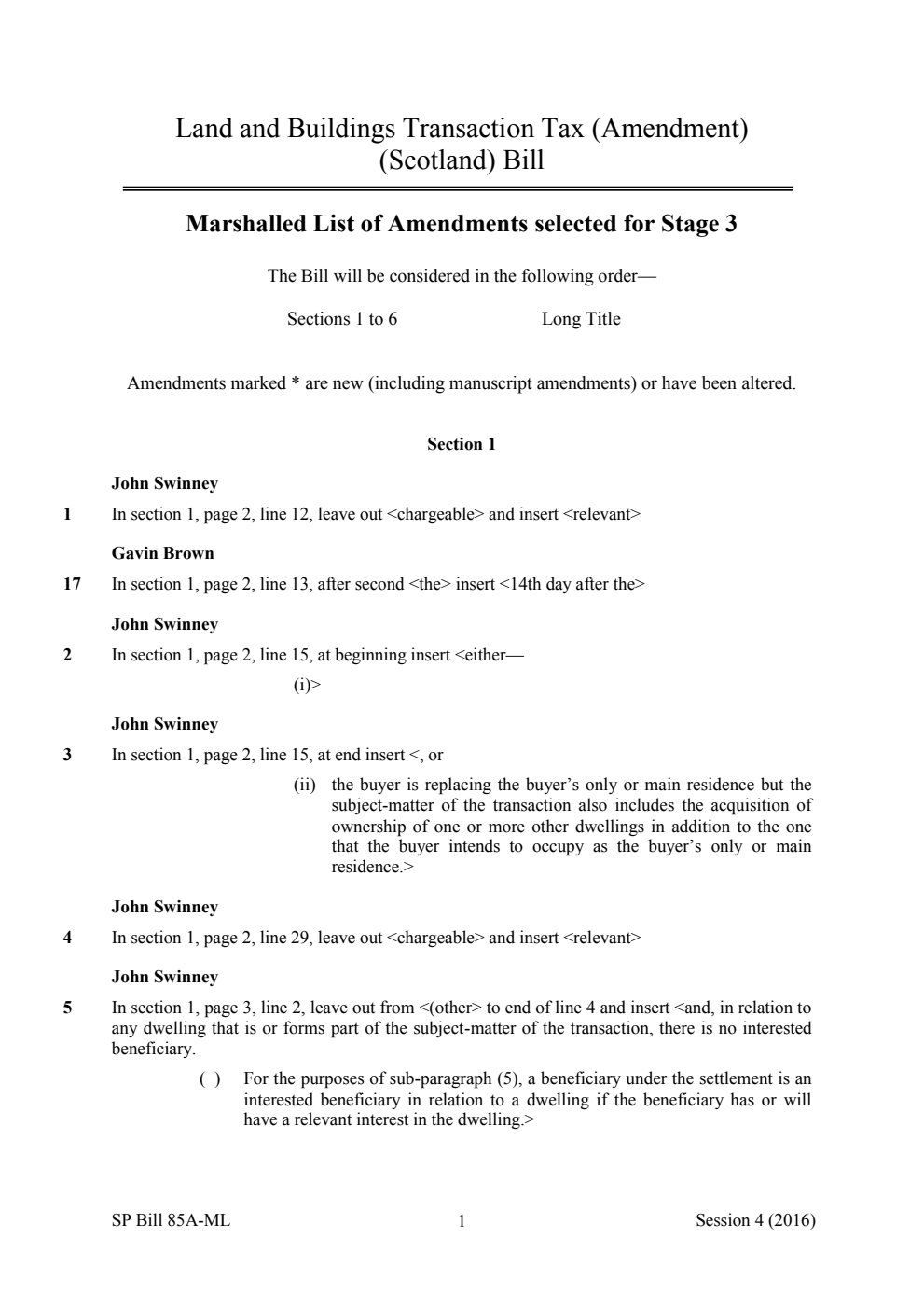 Land and Buildings Transaction Tax (Amendment) (Scotland) Bill Marshalled List of Amendments selected for Stage 3