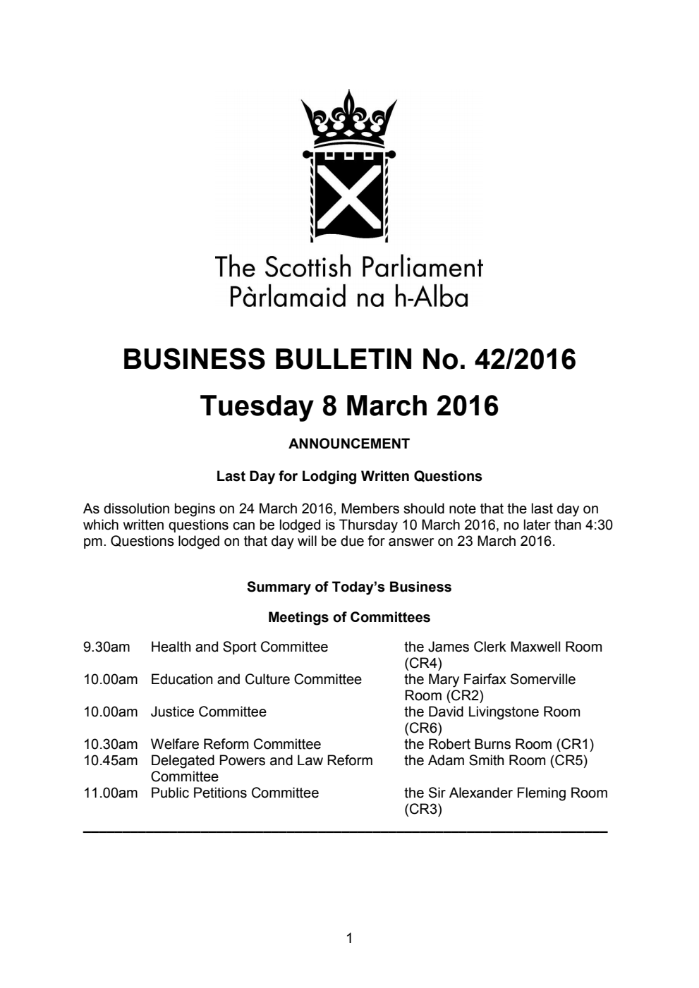 Business Bulletin No. 42/2016, Tuesday 8th March 2016