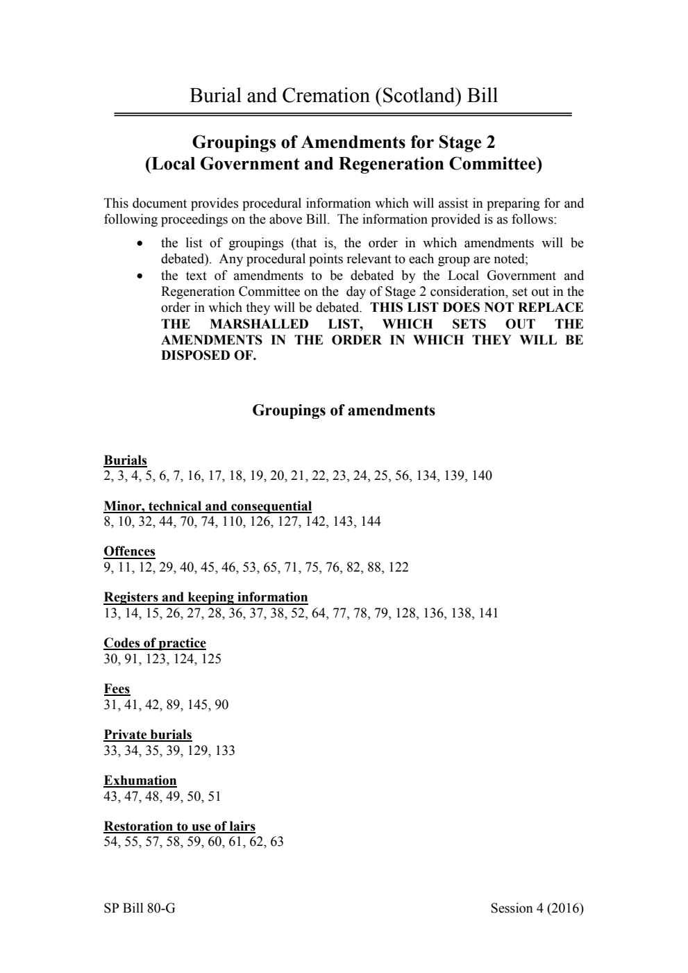 Burial and Cremation (Scotland) Bill Groupings of Amendments for Stage 2  (Local Government and Regeneration Committee)