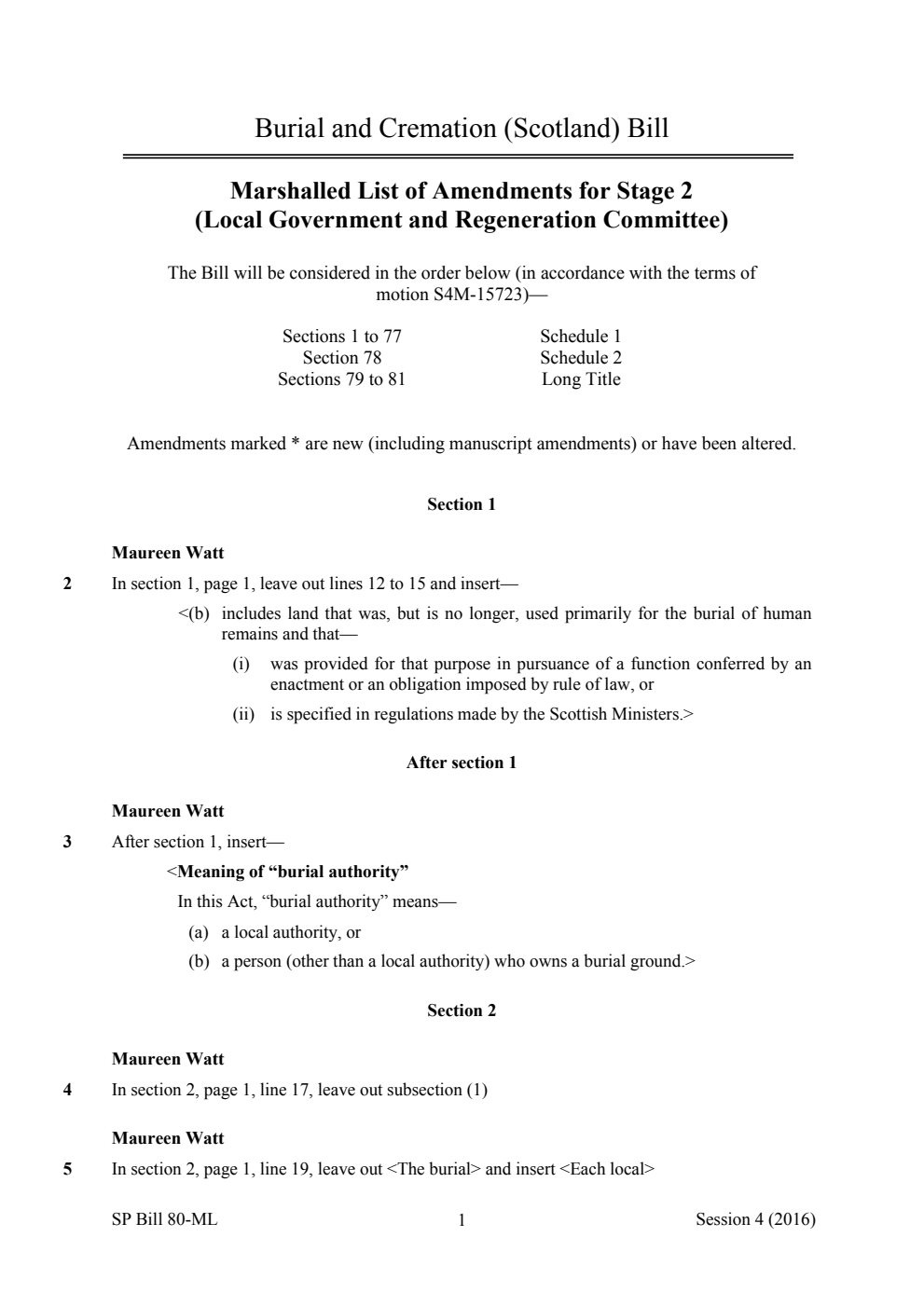 Burial and Cremation (Scotland) Bill Marshalled List of Amendments for Stage 2 (Local Government and Regeneration Committee)