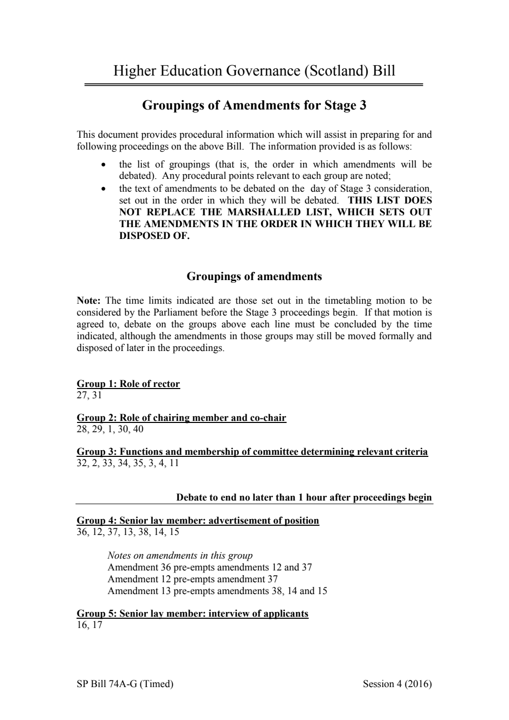 Higher Education Governance (Scotland) Bill Groupings of Amendments for Stage 3