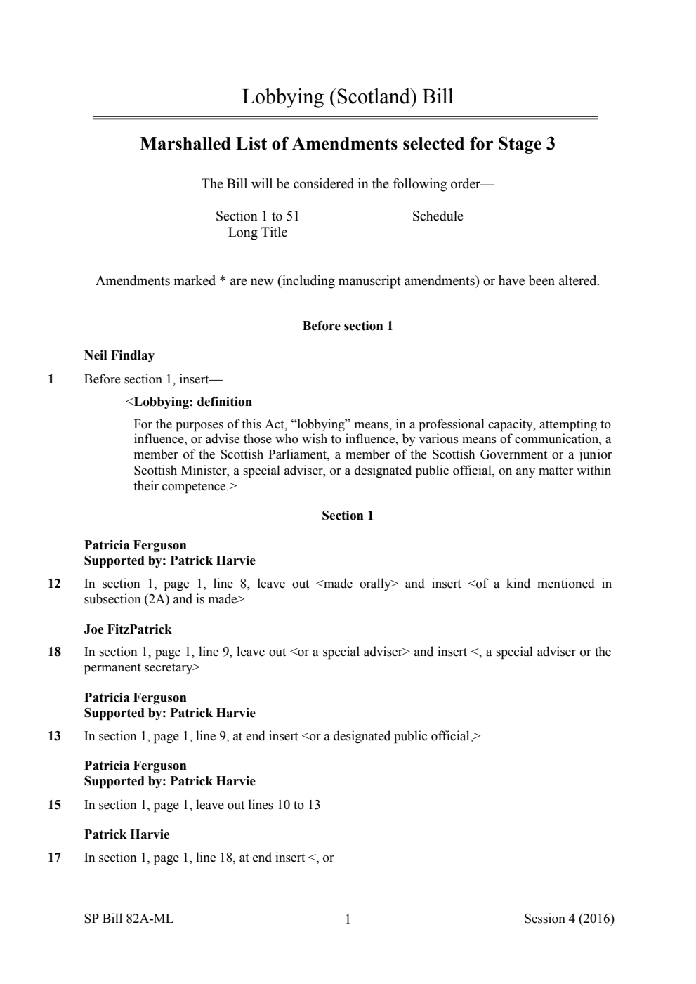 Lobbying (Scotland) Bill Marshalled List of Amendments selected for Stage 3