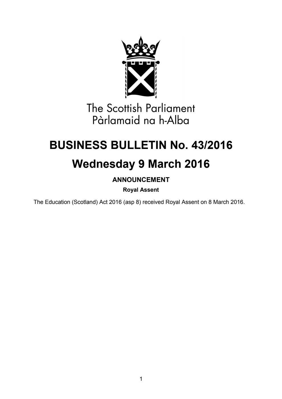 Business Bulletin No. 43/2016, Wednesday 9th March 2016