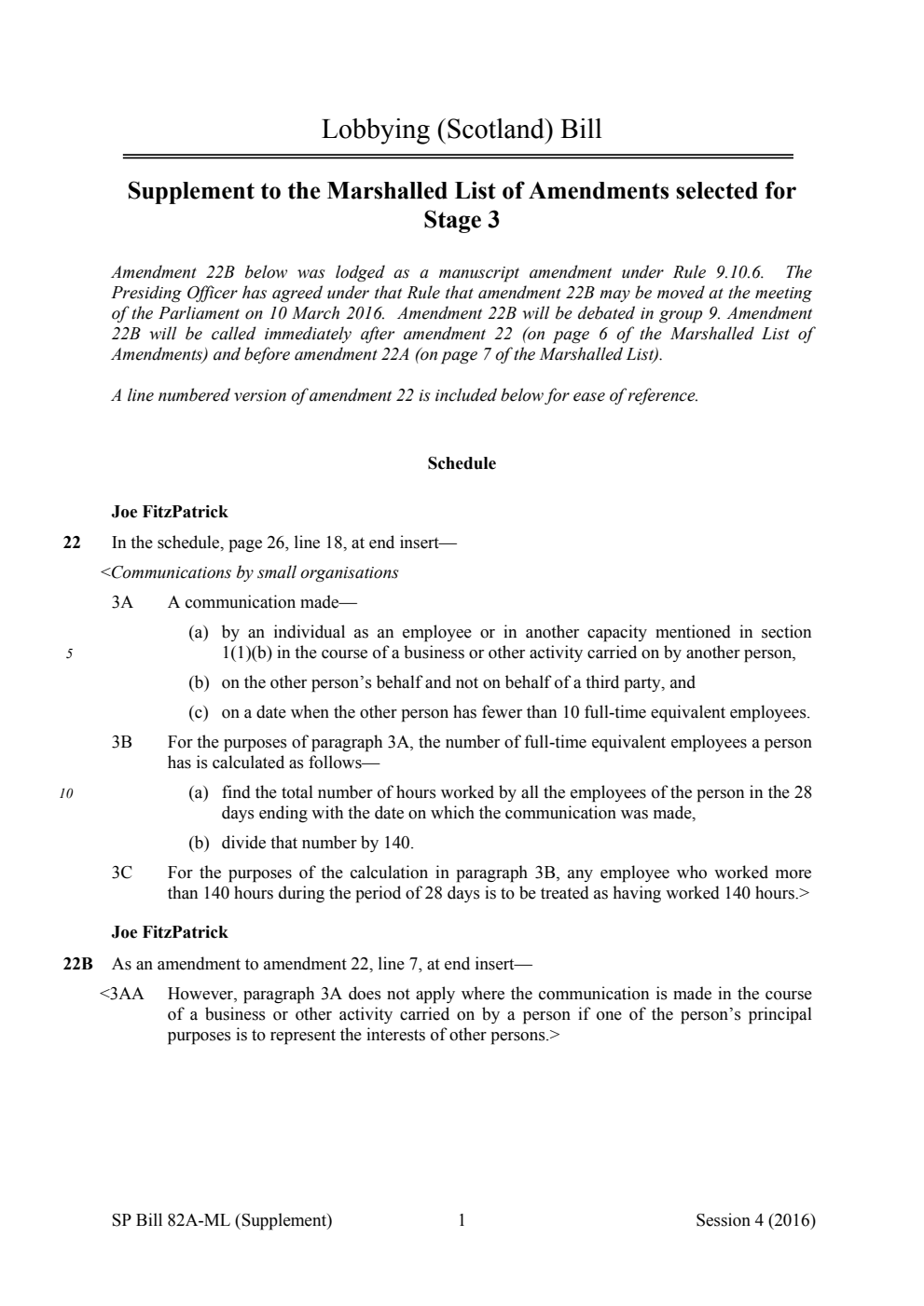 Lobbying (Scotland) Bill Supplement to the Marshalled List of Amendments selected for Stage 3