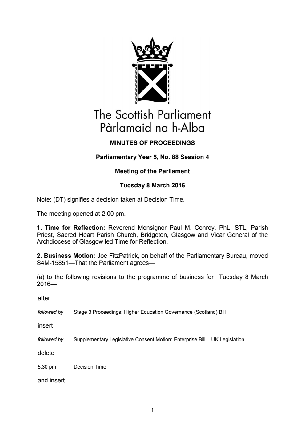 Minutes of Proceedings 8 March 2016 Vol. 5, No. 88 Session 4