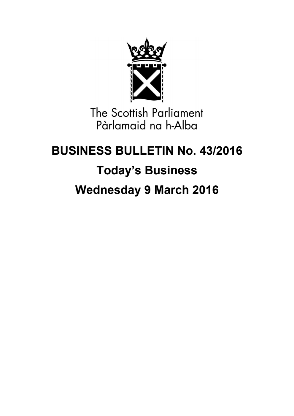 Business Bulletin No. 43/2016, Wednesday 9th March 2016, Revised (Section A)